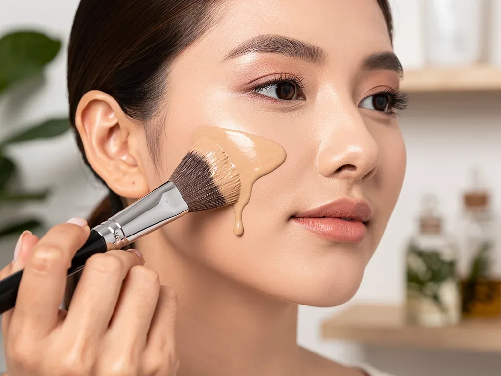 Woman applying clean foundation for smooth coverage