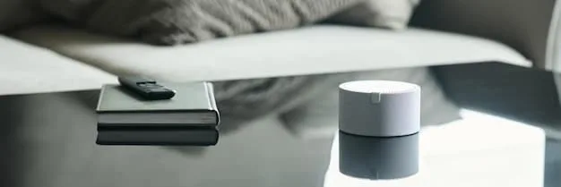 A sleek, minimalist smart home hub device sitting on a modern wooden table, subtly glowing, surrounded by abstract representations of connected devices radiating out from it.