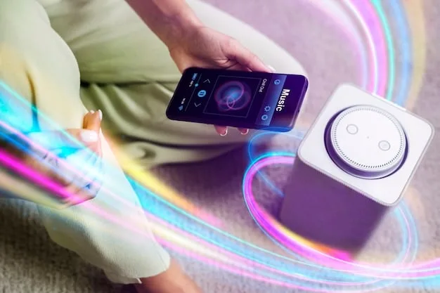 A close-up of a hand using a smartphone app to group multiple smart speakers for music playback, with abstract sound waves emanating from the phone.