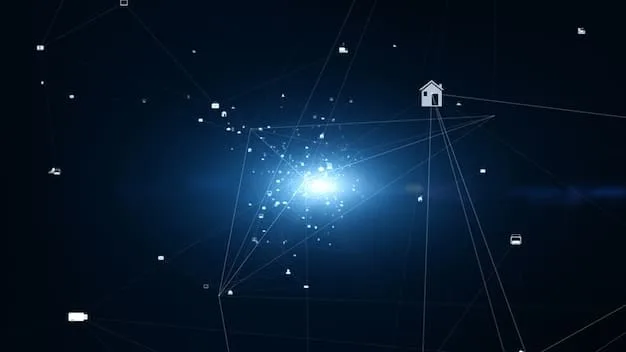 A network of glowing nodes representing interconnected smart home devices, with data flowing seamlessly between a smart speaker, thermostat, and security camera, against a futuristic backdrop.