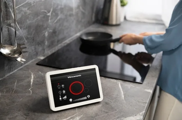 A sleek, modern smart oven with a large touch screen displaying a recipe, set against a blurred background of a contemporary kitchen.