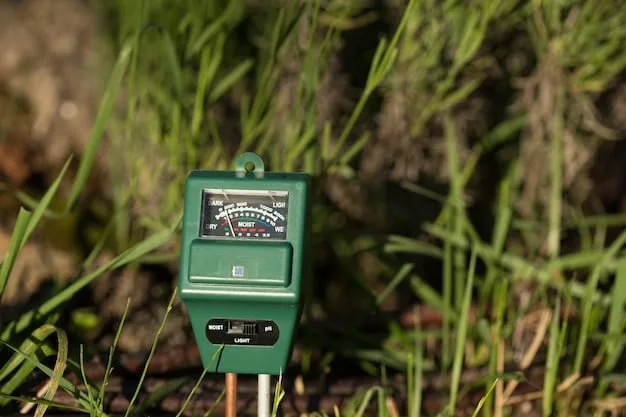 A close-up of a soil moisture sensor inserted into a lush green lawn, demonstrating how smart irrigation systems monitor soil conditions to optimize water usage.
