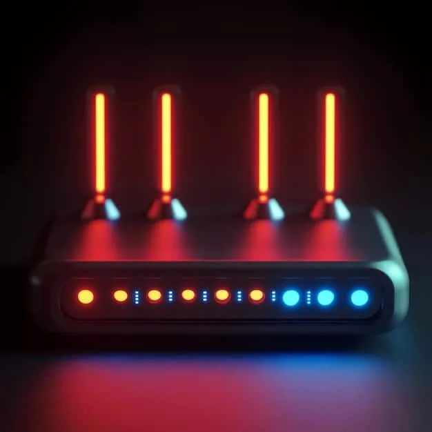 A close-up view of a Wi-Fi 6E router's LEDs indicating active connections and strong signals, demonstrating its operational efficiency and connection status.