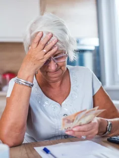An old woman dealing with Financial Hangover.