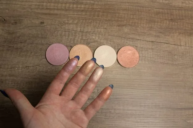Close-up of a hand holding various blush palettes, showcasing different textures and shades suitable for warm skin tones, with a golden glow filter.