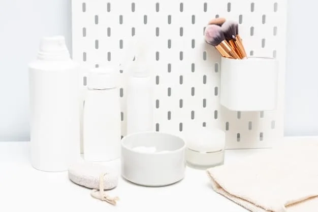 A variety of skincare products on a clean, white vanity, including cleansers, toners, and serums, hinting at a comprehensive daily routine.