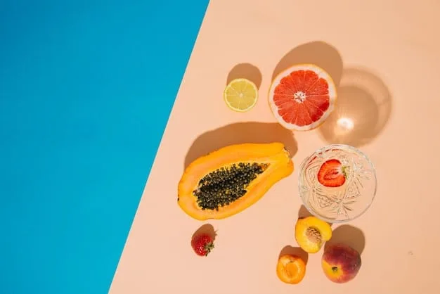 A stylized flat lay of healthy foods like fruits, vegetables, and nuts, next to a glass of water, symbolizing the connection between diet and skin health.