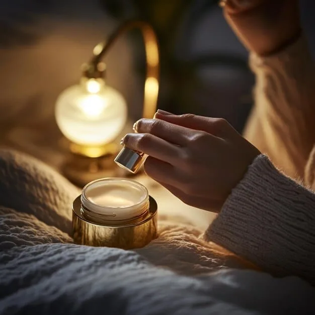 A serene image of a woman's hands applying a luxurious, thick night cream to her face, eyes closed in relaxation, with soft diffused light creating a calming atmosphere.