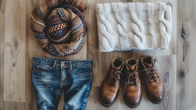 A flat lay of various layering pieces including a cashmere sweater, a silk camisole, a pair of dark wash jeans, a leather belt, and a statement scarf, showcasing a cohesive color palette.