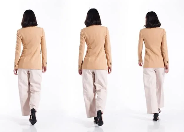 A triptych showing a professional woman in the same camel trousers, but with three different tops: a crisp white button-down for the office, a shimmering sequin top for a party, and a classy silk camisole for dinner.