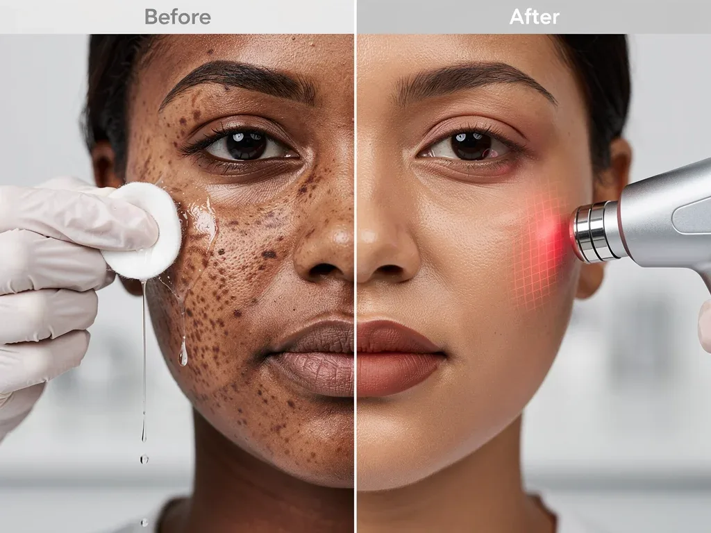 Before and after melasma treatment on deeper skin, comparing chemical peel and picosecond laser results.
