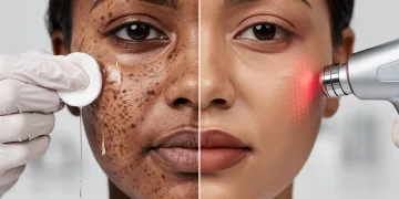 Before and after melasma treatment on deeper skin, comparing chemical peel and picosecond laser results.