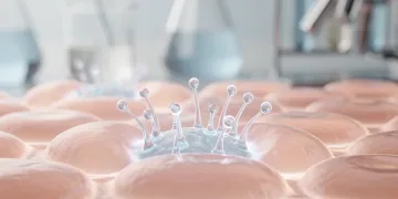 Microscopic view of peptides rejuvenating skin cells, symbolizing advanced anti-aging science.