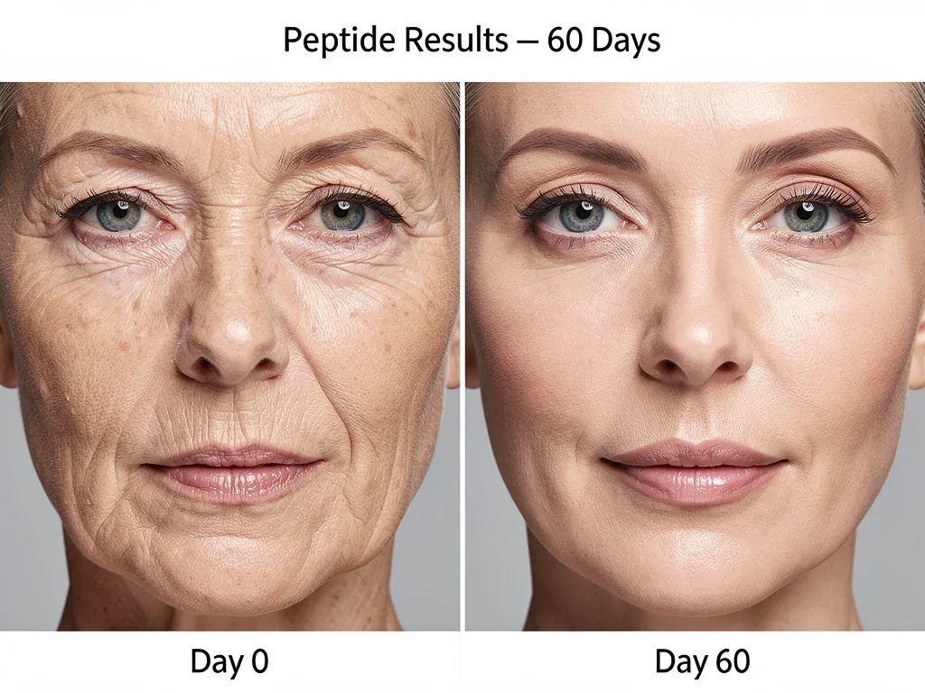 Before and after comparison of wrinkle reduction with peptide treatment over 60 days.