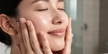 Woman performing lymphatic drainage facial massage to reduce puffiness