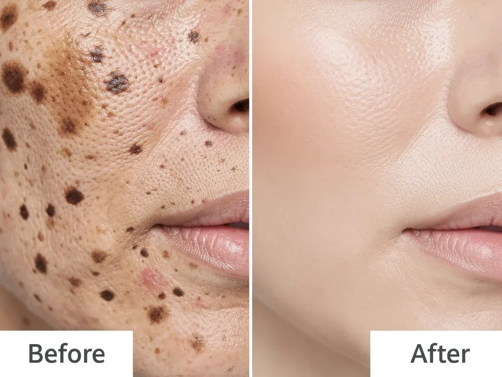 Magnified skin showing before and after hyperpigmentation treatment