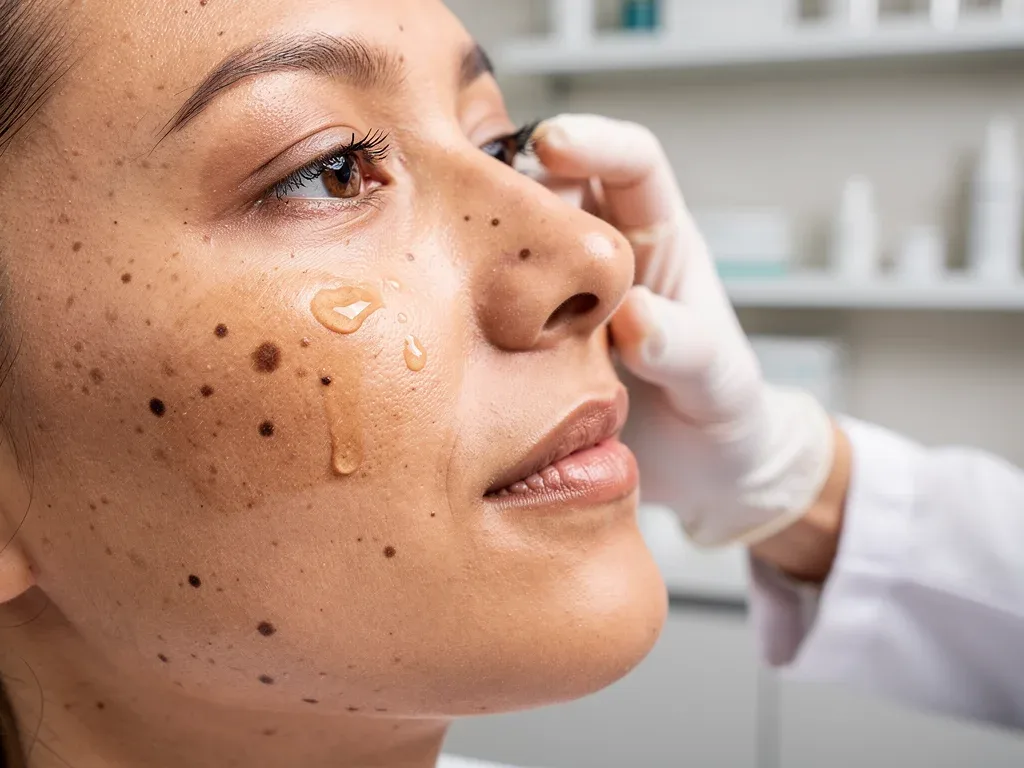 Dermatologist applying hyperpigmentation treatment serum to patient's face