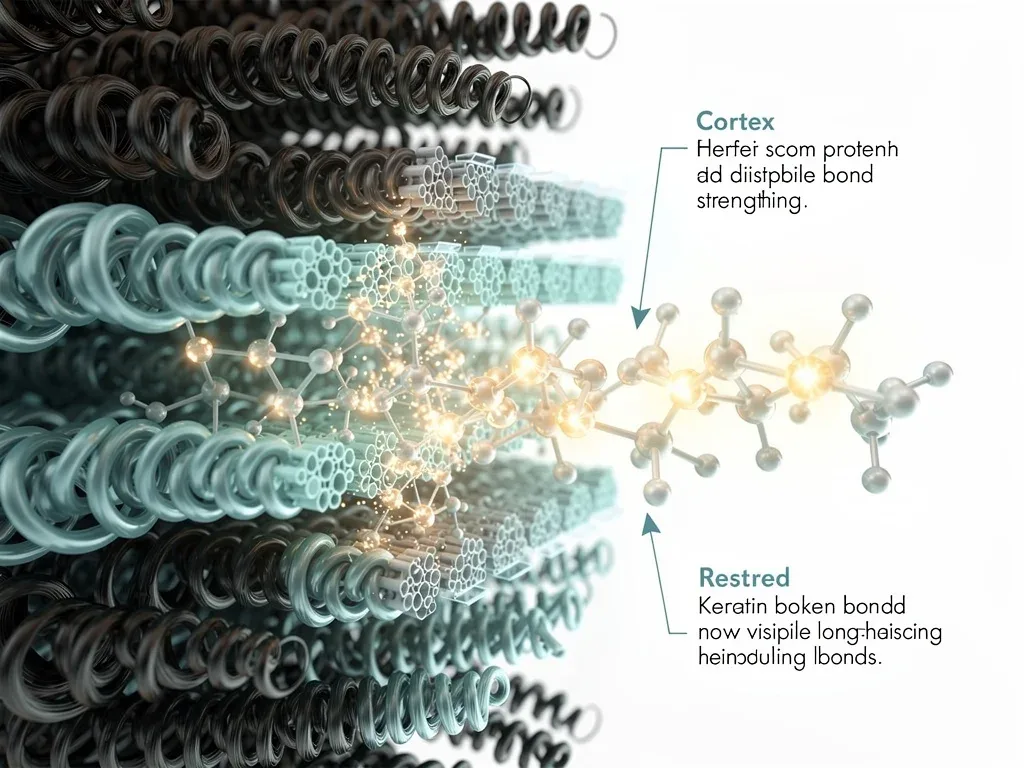 Microscopic view of hair molecular bonds being repaired for curl retention.