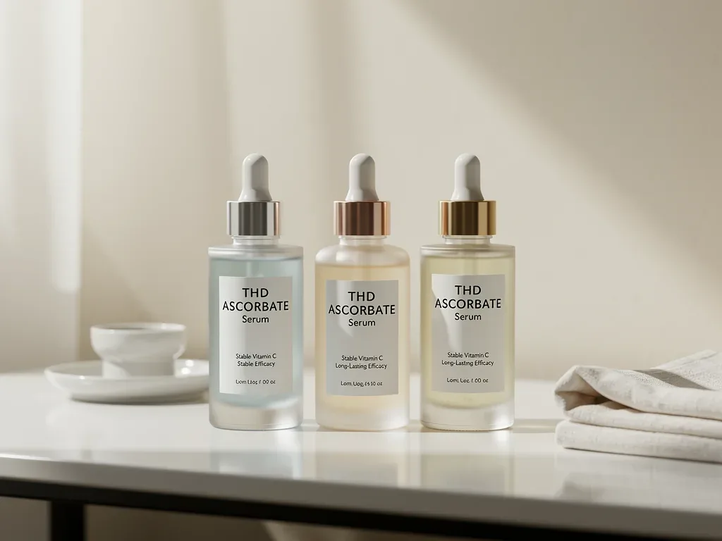 Three stable THD Ascorbate serum bottles for long-lasting skincare.