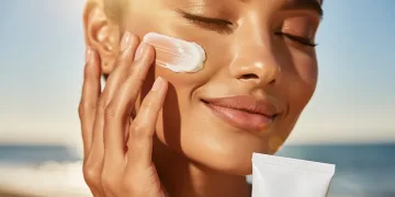 Woman applying 2% Ectoin cream for pre-sun defense routine