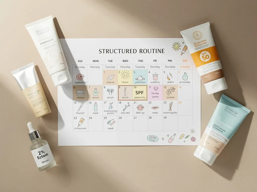 Daily skincare routine combining ectoin-containing skincare with broad-spectrum sunscreen