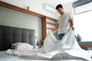 Homem cuidando da cama ao descobrir como evitar ácaros em casa.