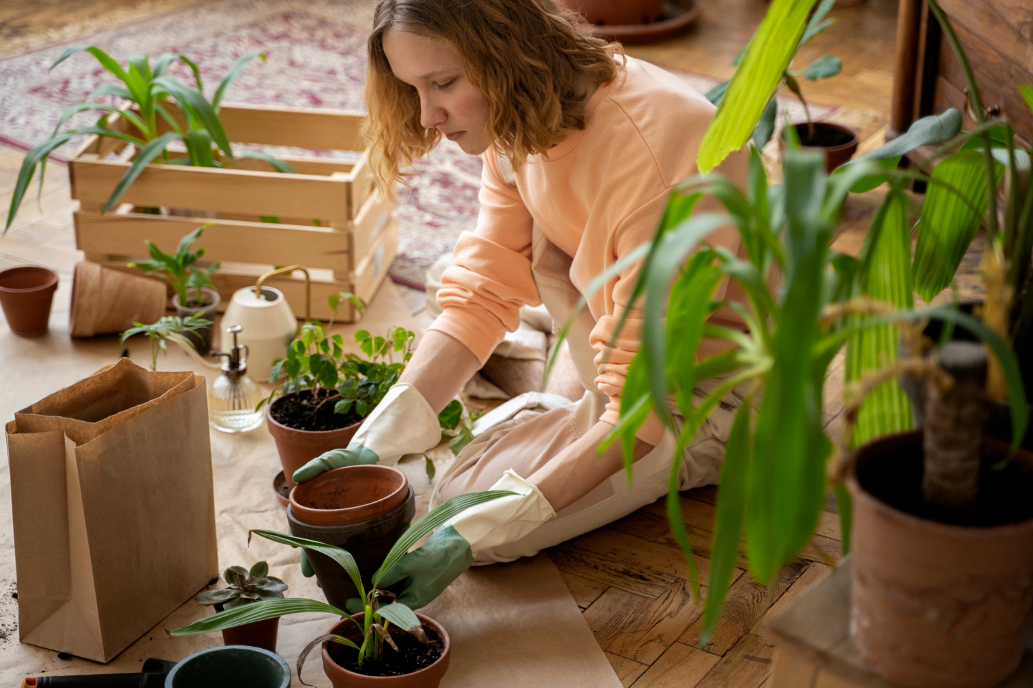 Mulher mexendo com plantas e aprendendo como montar um jardim pequeno.