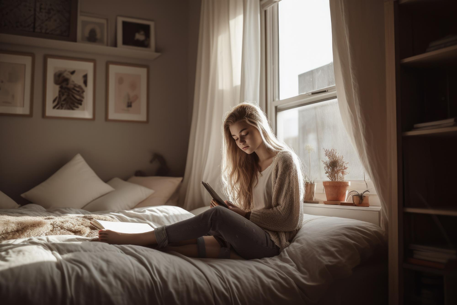 Mulher descobrindo como montar um quarto aconchegante e aproveitando conforto.