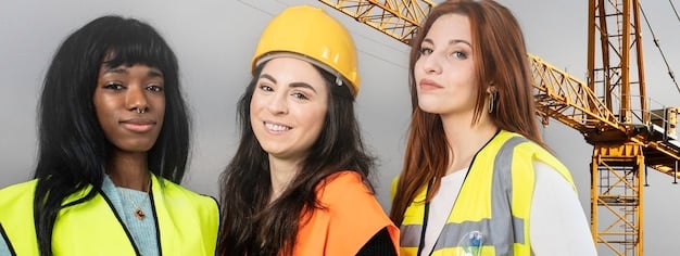 A group of diverse construction workers, including women and young apprentices, engaged in a hands-on training session with modern equipment, emphasizing skill development and inclusivity.