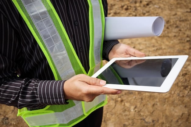 A close-up of a construction equipment engine bay, with a technician using a tablet to analyze diagnostic data from connected sensors, showcasing predictive maintenance technology.
