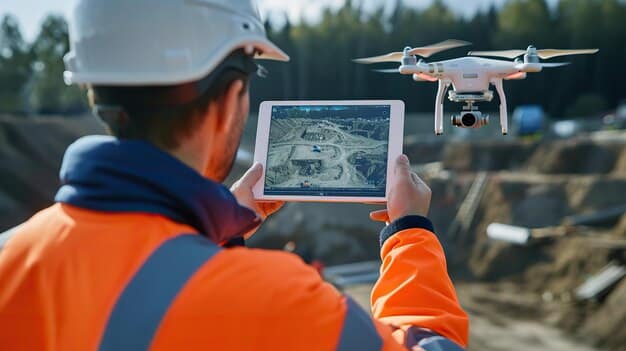 An AI-powered drone surveying a construction site, capturing detailed visual data, with a tablet displaying digital plans and real-time analytics in the foreground.
