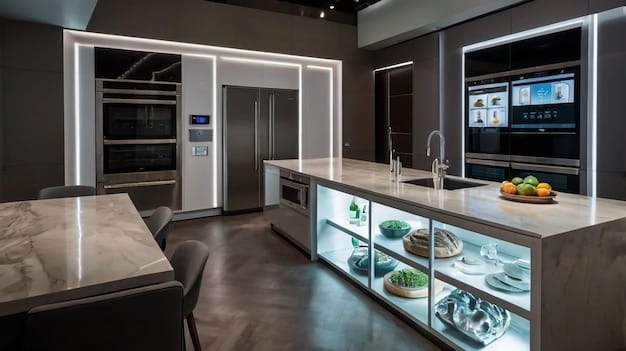 A sleek, modern kitchen with smart appliances, a large island workstation, and strategically placed lighting, showcasing functional elegance.