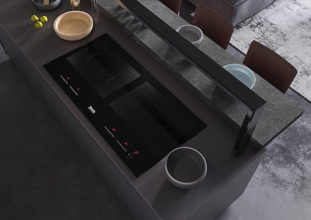 A sleek, modern kitchen with integrated smart appliances, touchless faucets, and minimalist design. The lighting is soft and ambient, highlighting high-tech features subtly.