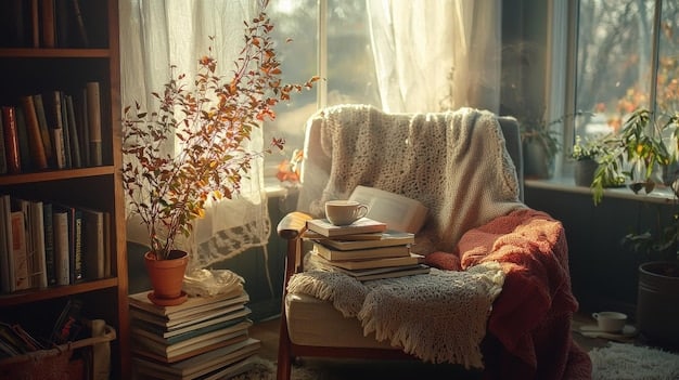 A cozy reading nook with a blend of vintage and modern elements, featuring a plush armchair, a wooden side table with a ceramic vase, and a stack of books. Soft light filters in from a nearby window.