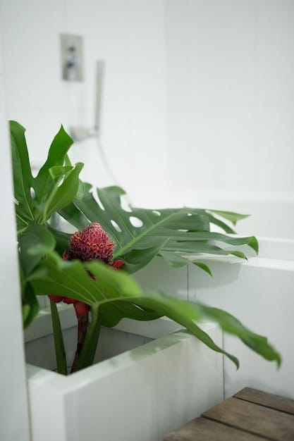A serene bathroom with a large, vibrant fern by a window, surrounded by white tiles and delicate natural light, evoking a spa-like ambiance.
