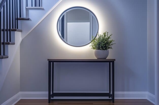 A brightly lit modern entryway featuring a minimalist console table, a large circular mirror reflecting natural light, and a stylish pendant light fixture.