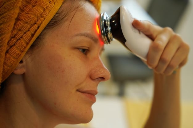 A dermatologist using a laser device on a patient's face, illustrating a professional treatment for acne scars. The setting is clean and clinical.