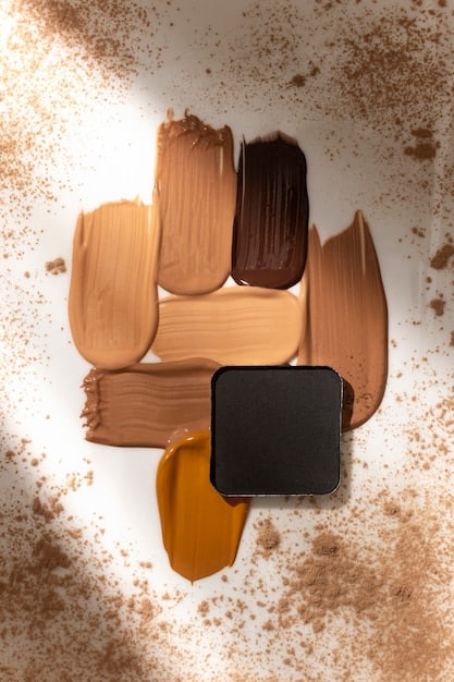 A close-up of different foundation textures and finishes laid out on a palette, demonstrating the variety from matte to dewy, liquid to cream.