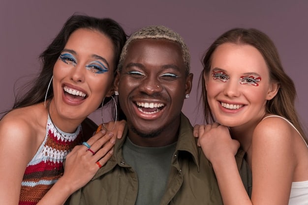 A diverse group of people with different skin tones and eye colors, showcasing various eyeshadow looks that complement their unique features.