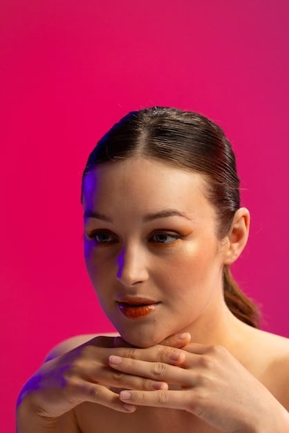 A close-up of a model's face, showcasing perfectly applied highlighter on the cheekbones, nose bridge, and Cupid's bow, with a soft, ethereal glow.