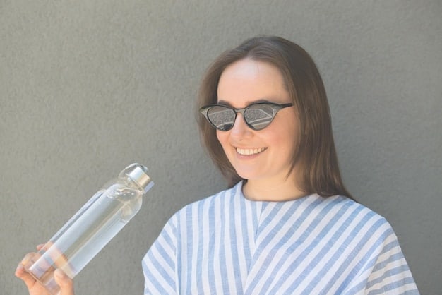 A visual representing various preventative measures: someone wearing sunglasses, a small water bottle indicating hydration, and a balanced meal, conveying a holistic approach to eye care.