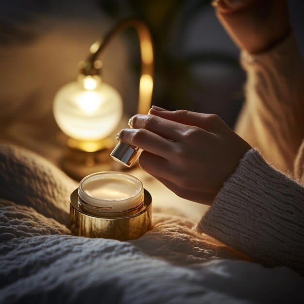 A serene image of a woman's hands applying a luxurious, thick night cream to her face, eyes closed in relaxation, with soft diffused light creating a calming atmosphere.