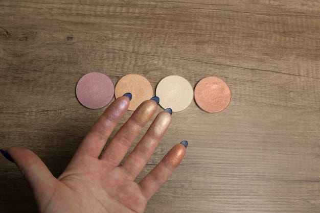 Close-up of a hand holding various blush palettes, showcasing different textures and shades suitable for warm skin tones, with a golden glow filter.