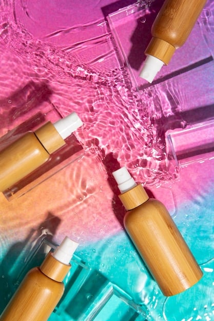 Various skincare products (serums, moisturizers, SPF) artfully arranged on a light background, highlighting key ingredients for mature skin.