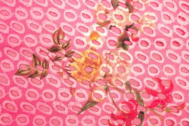 A close-up of two fabric swatches, one with large, colorful floral print and the other with small, neutral polka dots, illustrating the concept of mixing print scales.