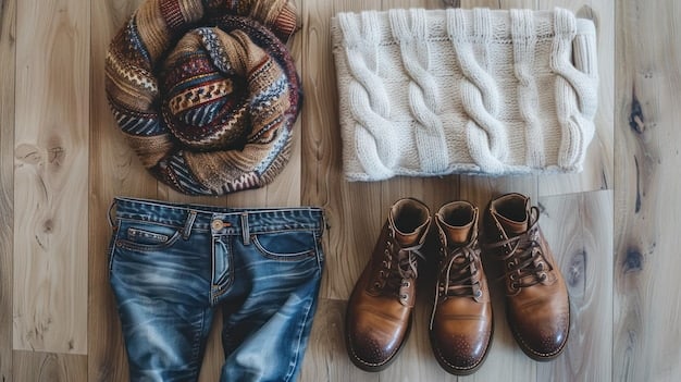 A flat lay of various layering pieces including a cashmere sweater, a silk camisole, a pair of dark wash jeans, a leather belt, and a statement scarf, showcasing a cohesive color palette.
