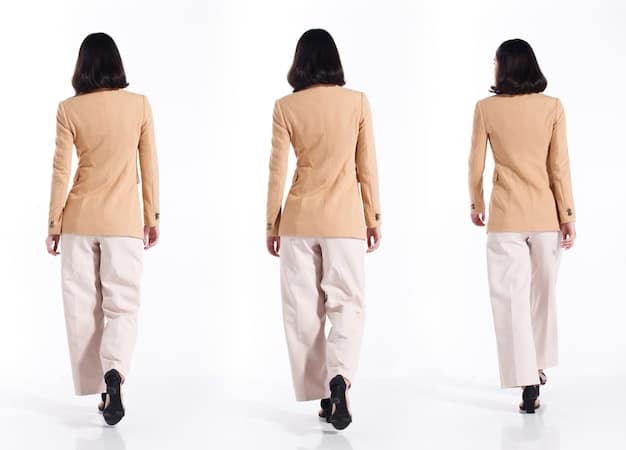 A triptych showing a professional woman in the same camel trousers, but with three different tops: a crisp white button-down for the office, a shimmering sequin top for a party, and a classy silk camisole for dinner.