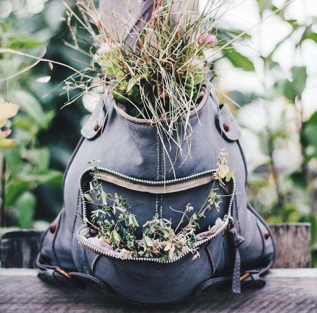 A display of sustainable accessories: a vegan leather handbag, a pair of sneakers made from recycled plastic bottles, and a necklace crafted from upcycled materials, all arranged aesthetically.