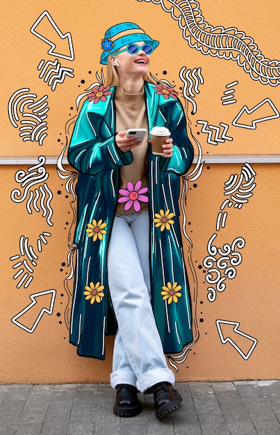 A stylish person walking on a city street, wearing a vibrant, oversized psychedelic print coat paired with simple black ankle boots and a minimalist handbag. The focus is on the coat's bold pattern and its impact on the urban setting.