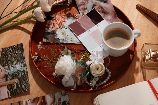 A curated mood board featuring clothing swatches, accessories, inspirational images and color palettes related to fashion and personal style. The board is neatly organized with a mix of textures and shapes, laid out on a stylish surface.